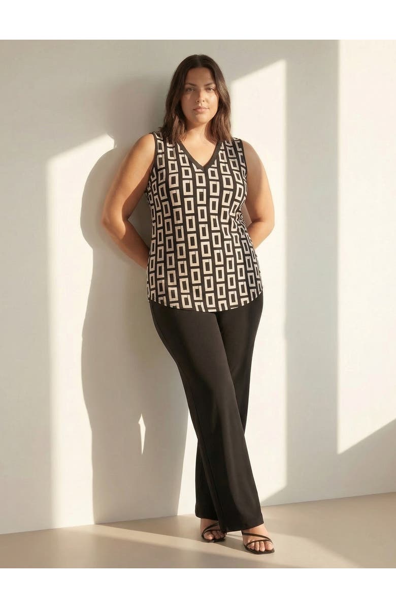 24seven Comfort Apparel Curvy Essential Geometric Print V-Neck Sleeveless Round Hem Top and Elastic Waist Flared Pant Set, Alternate, color, Black Multi