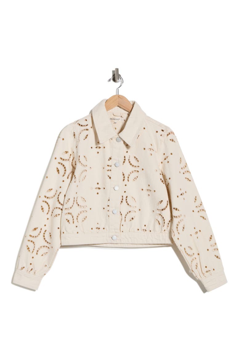 Eyelet Embroidered Denim Trucker Jacket, Alternate, color, DOUBLE CREAM