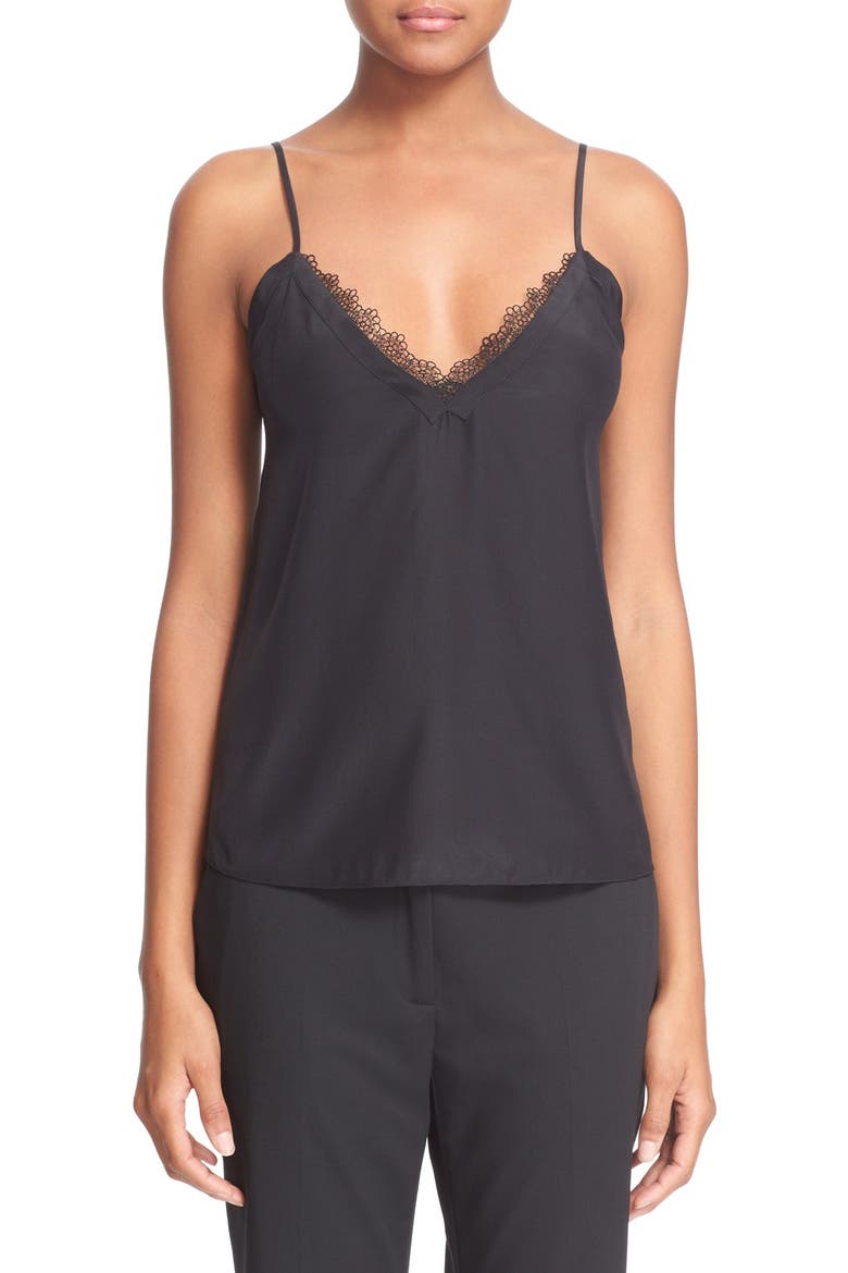 Lace Trim Crêpe de Chine Camisole, Main, color, BLACK