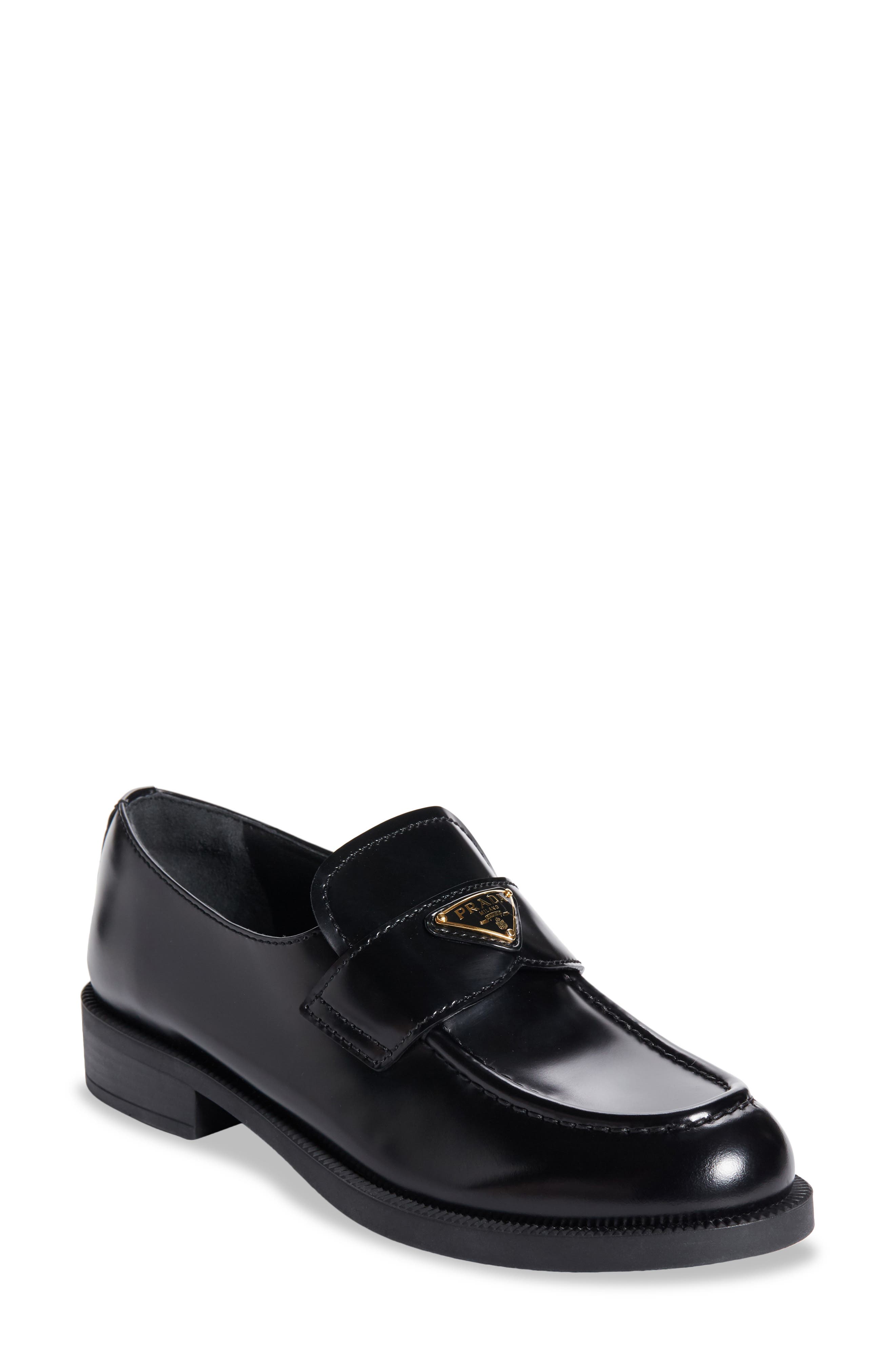 Prada Triangle Logo Patent Leather Loafer, Main, color, Nero