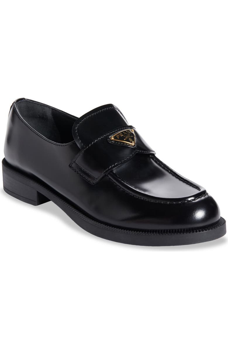 Prada Triangle Logo Patent Leather Loafer, Main, color, Nero