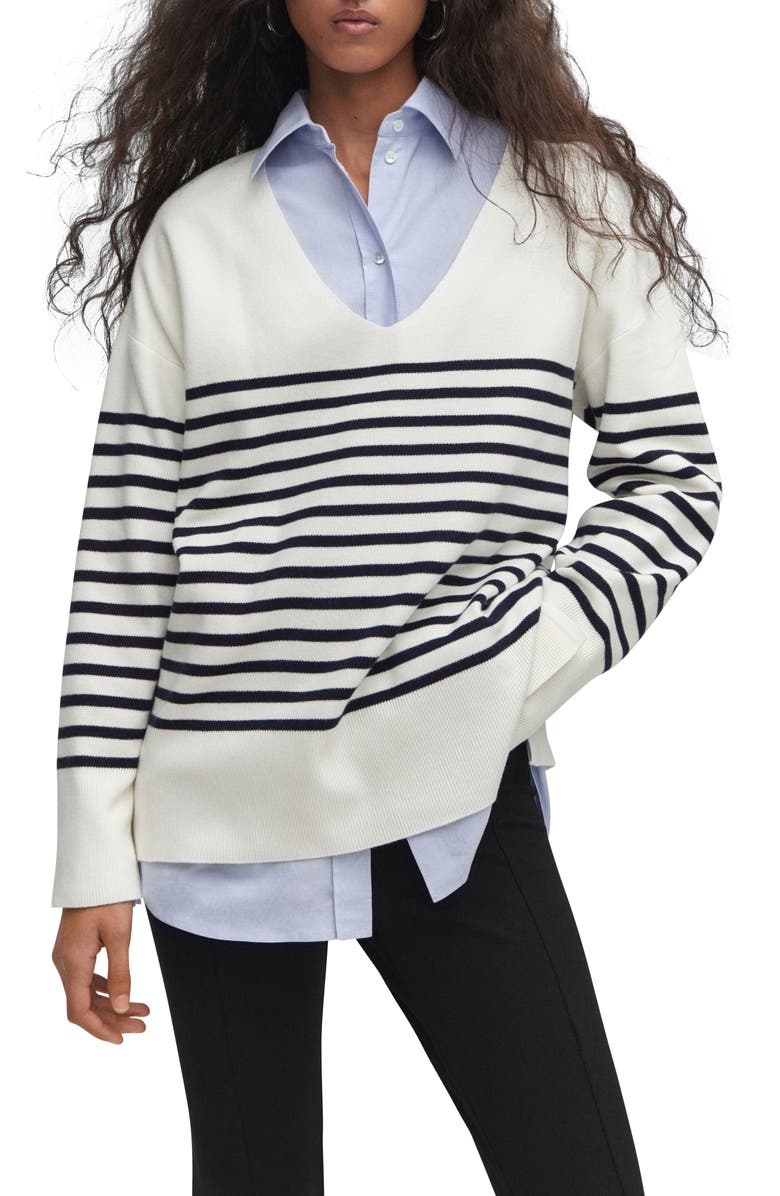 MANGO Stripe Oversize V-Neck Sweater, Main, color, 