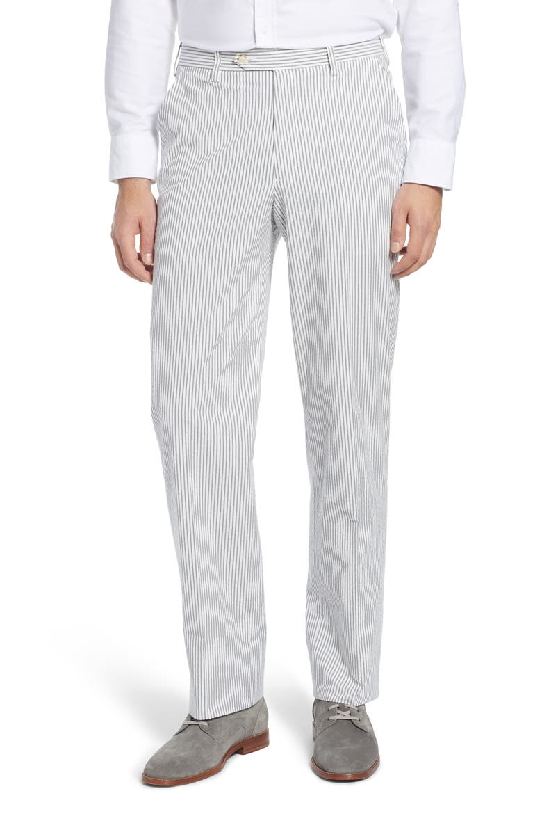 Flat Front Stripe Cotton Seersucker Pants, Main, color, GREY