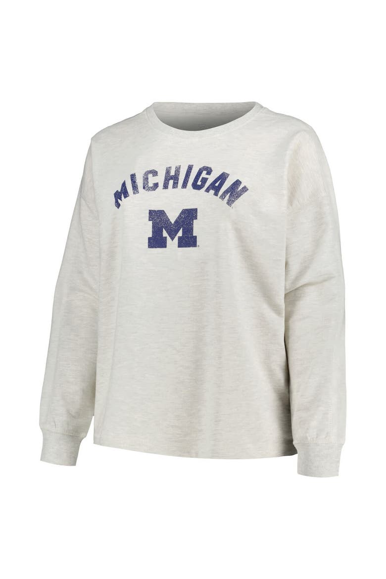 Women's Profile Oatmeal Michigan Wolverines Plus Size Distressed Arch Over Logo Neutral Boxy Pullover Sweatshirt, Alternate, color, Oatmeal