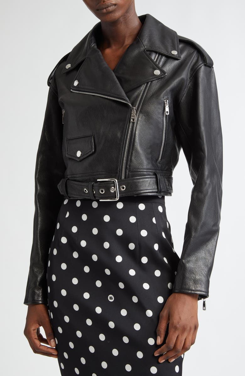 Dolce&Gabbana Crop Plongé Leather Biker Jacket, Alternate, color, 