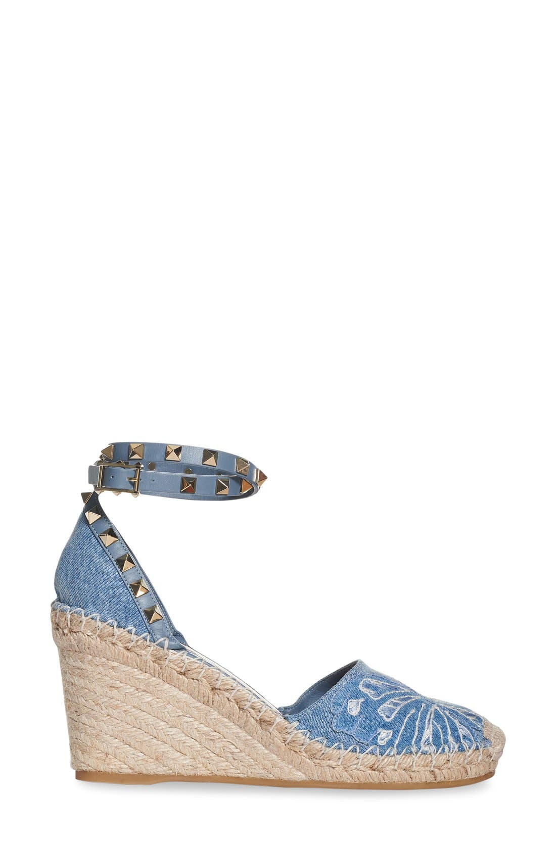 Valentino Garavani Valentino 'Rockstud' Embroidered Espadrille Wedge, Alternate, color, 