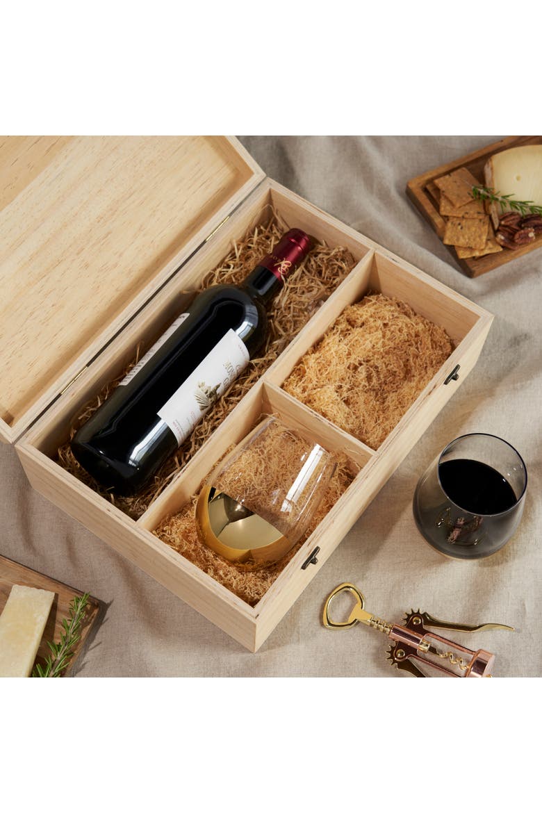 Single Bottle Wooden Wine Box with Two Stemless Wine Glass Set, Alternate, color, Wood