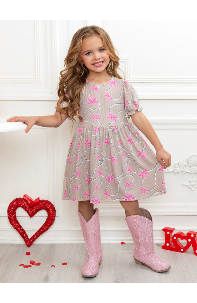 Mia Belle Girls Bow Charm Puff Sleeve Dress, Alternate, color, Beige