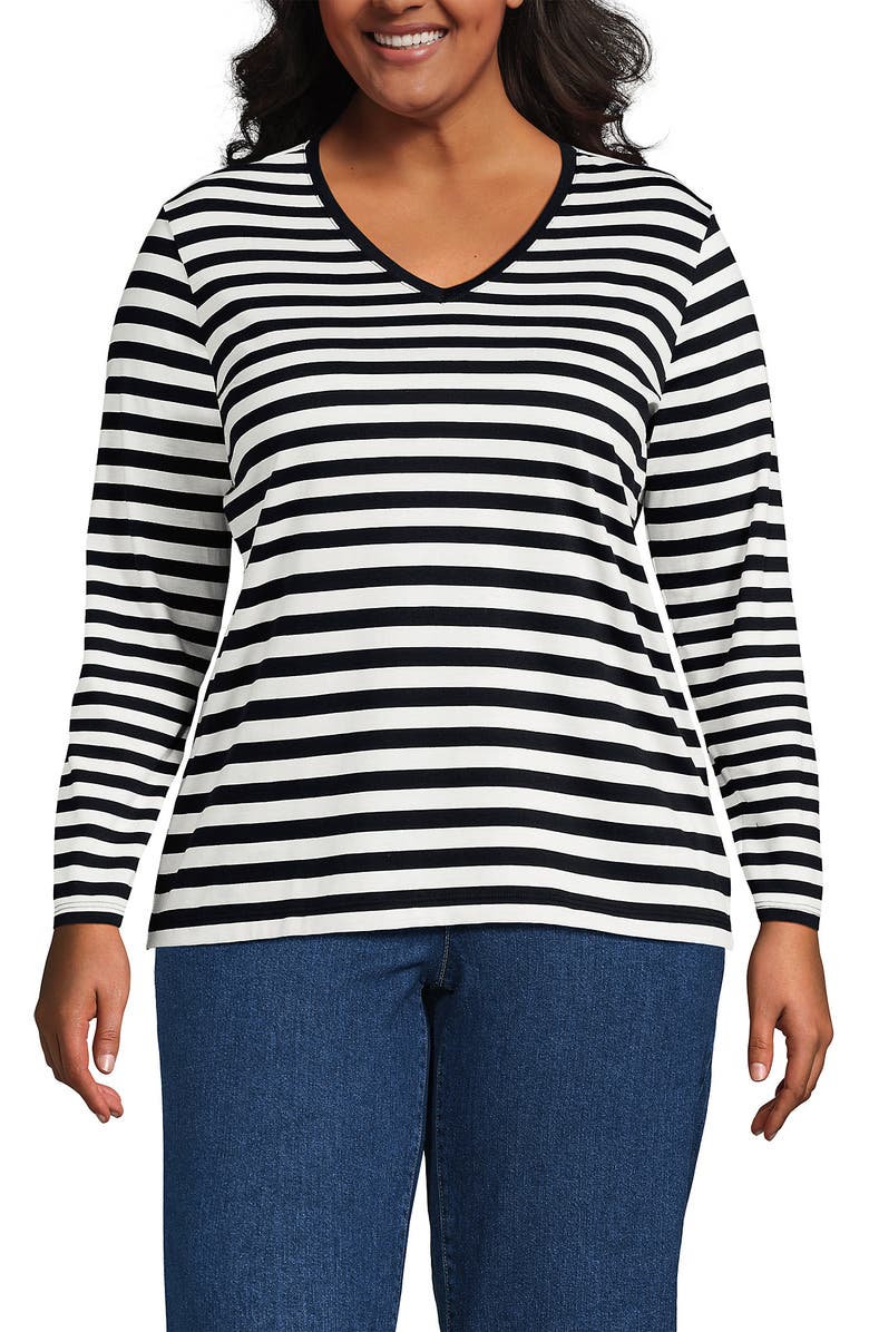 Lands' End Plus Size Supima Cotton Long Sleeve V-Neck T-Shirt, Main, color, Black Even Stripe