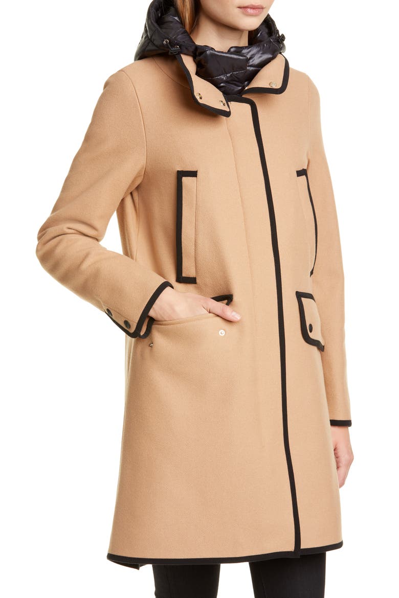 Contrast Trim A-Line Coat with Removable Windblocker, Alternate, color, CAMEL/ BLACK