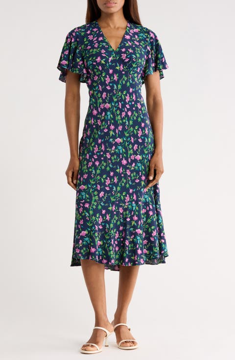 Cecelia Floral Flutter Sleeve Midi Dress