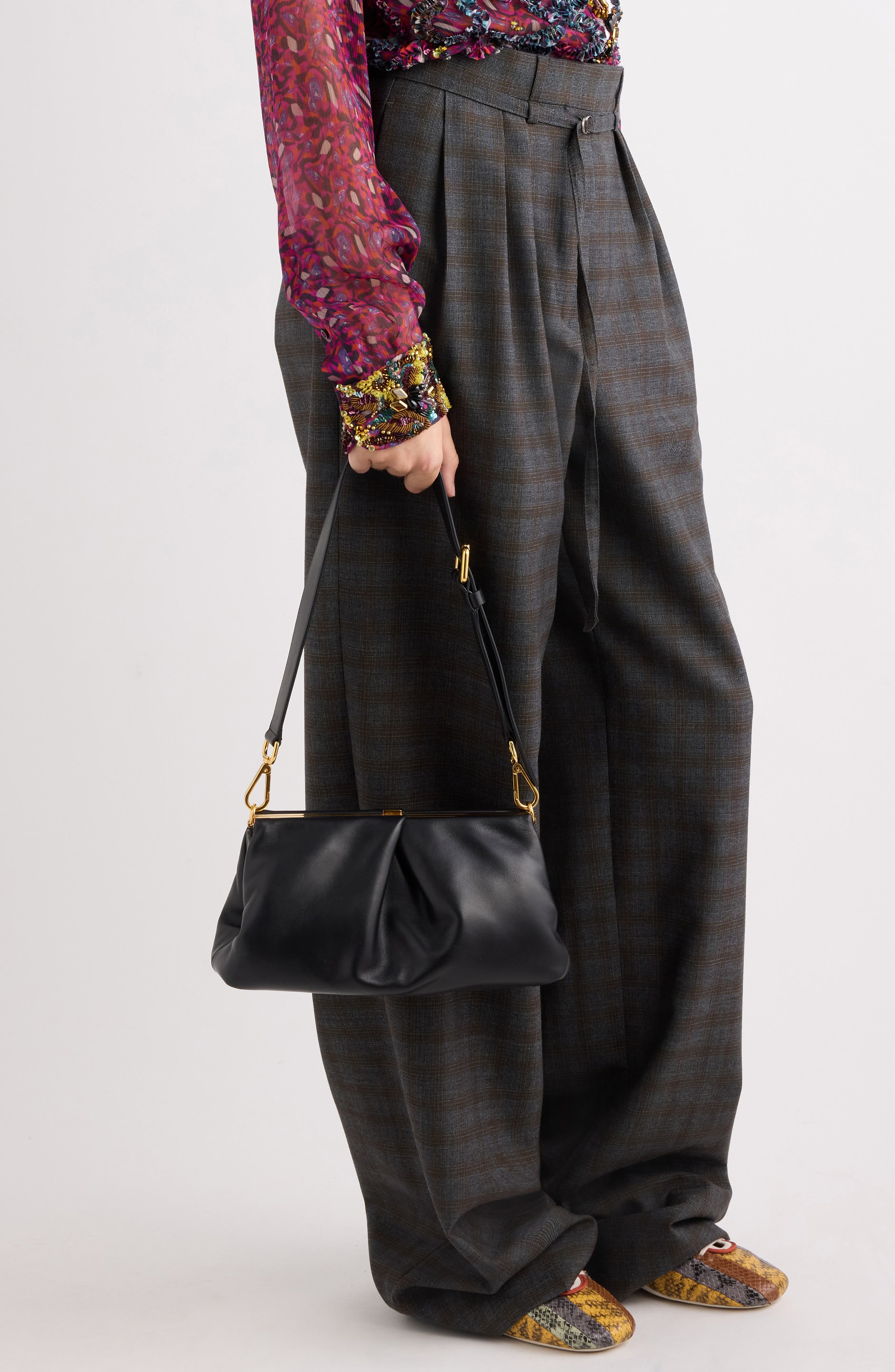 Pleated Leather Shoulder Bag, Alternate, color, BLACK 900