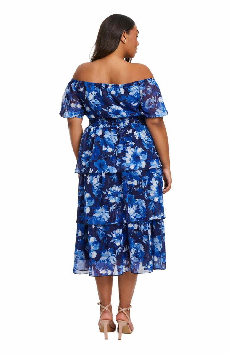 QUIZ Plus Size Chiffon Floral Bardot Tiered Midi Dress, Alternate, color,