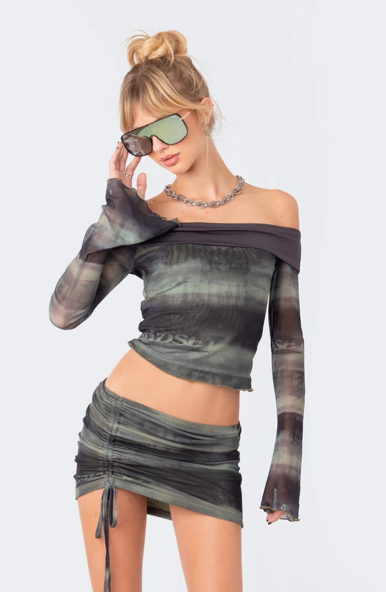 EDIKTED Terah Foldover Off the Shoulder Mesh Crop Top, Alternate, color, 