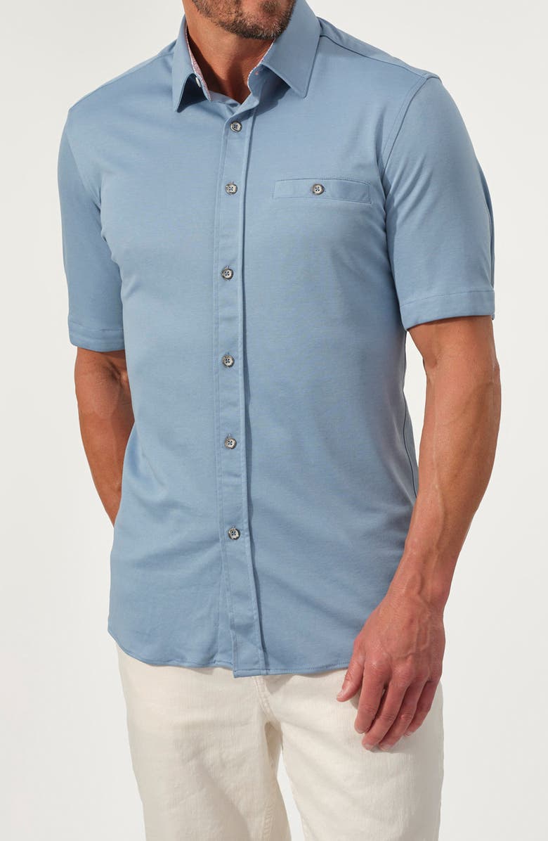 STUDIO GARNET LOS ANGELES Short Sleeve Cotton Knit Button-Up Shirt, Main, color, Lake