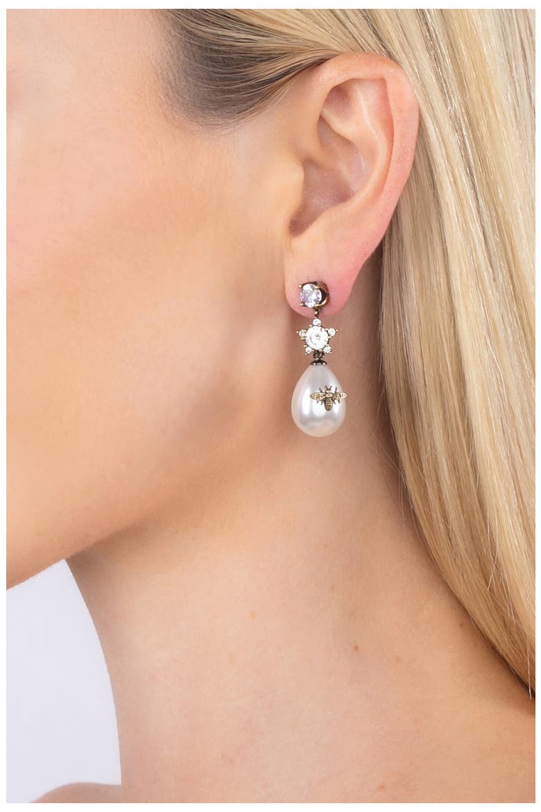 Abeja CZ & Imitation Pearl Bee Drop Earrings, Alternate, color, BRONZE
