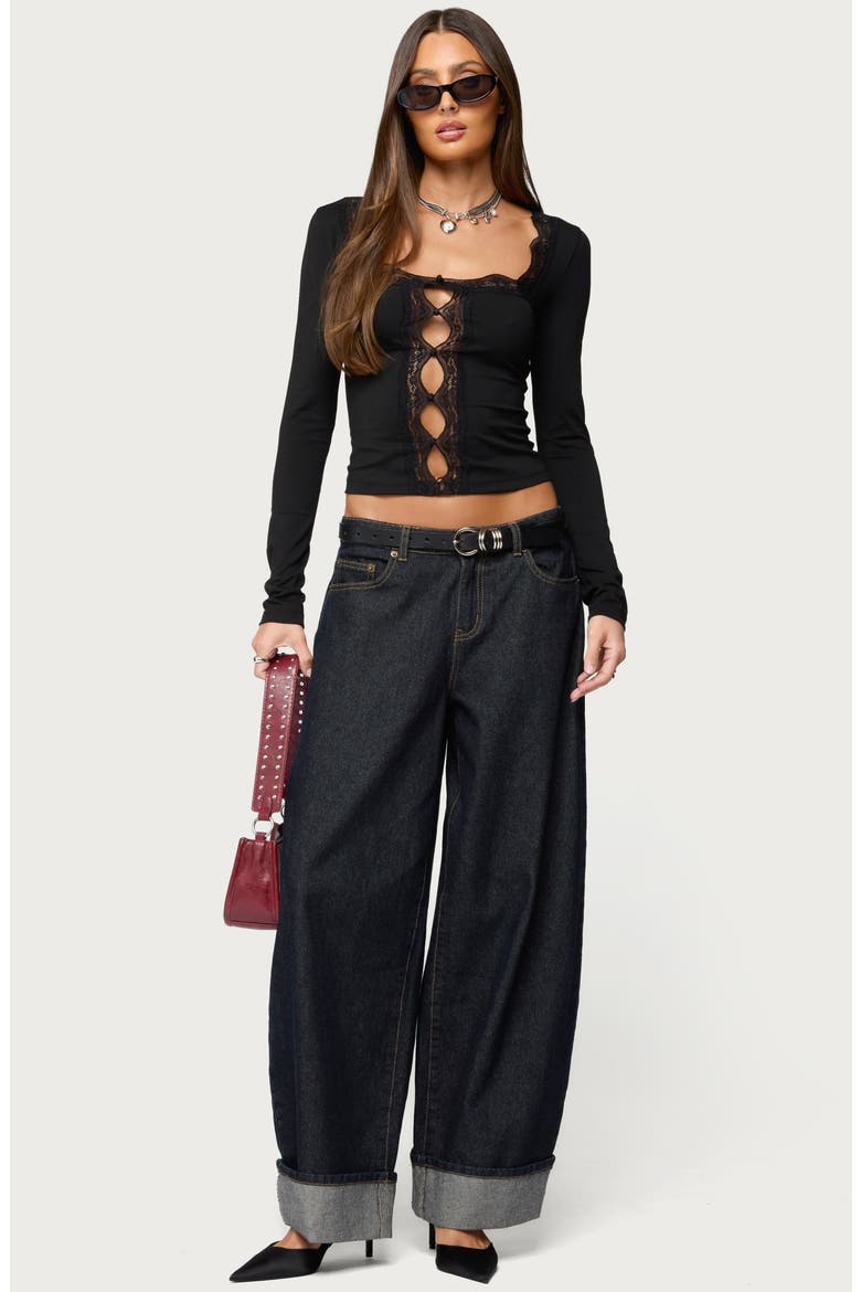 Zeya Cutout Sheer Lace Trim Top, Alternate, color, BLACK