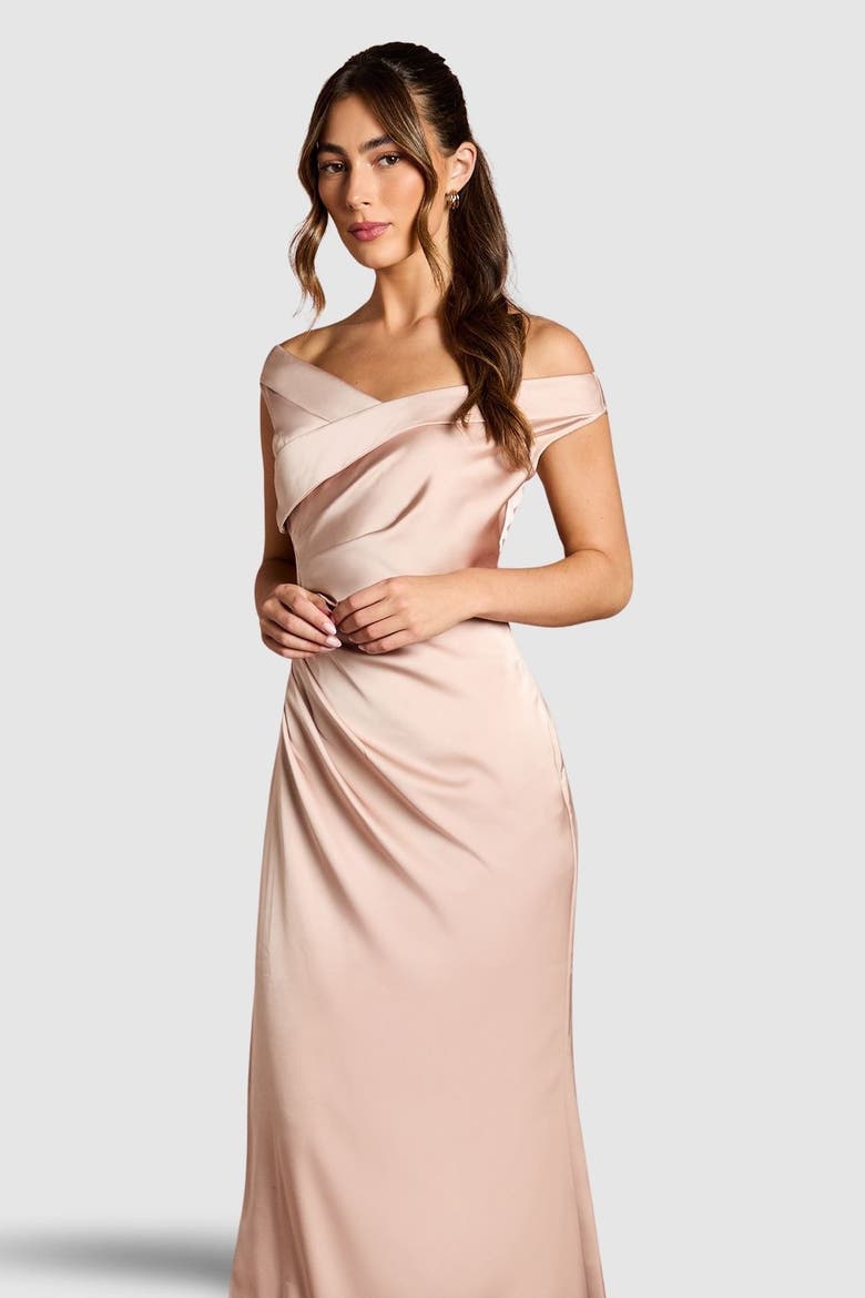 Satin Bardot Maxi Dress, Alternate, color, Mocha