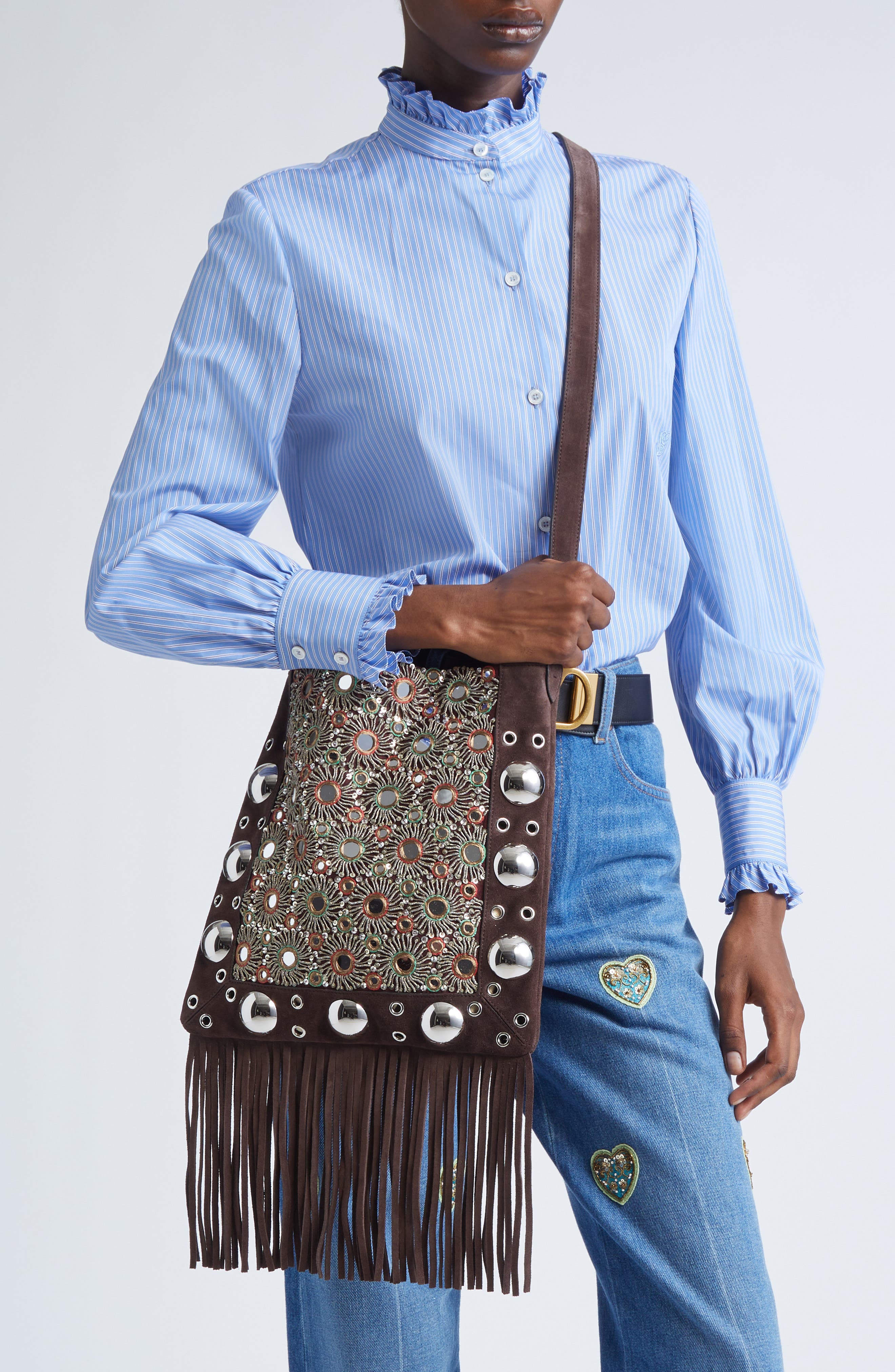 Valentino Garavani Medium Nellcôte Fringed Studded Suede Shoulder Bag, Alternate, color, Multicolor/ Testa Di Moro