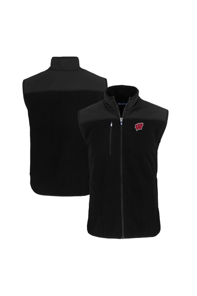 Men's Cutter & Buck  Black Wisconsin Badgers Big & Tall Cascade Eco Sherpa Fleece Full-Zip Vest, Main, color, Black
