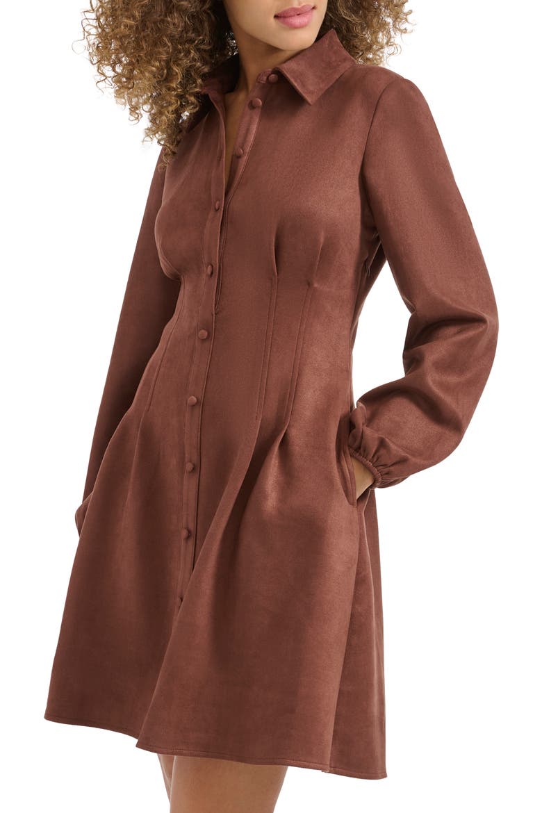 Faux Suede Long Sleeve Shirtdress, Alternate, color, BROWN