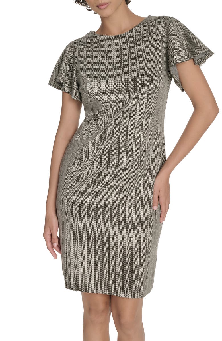 Tommy Hilfiger Flutter Sleeve Herringbone Sheath Dress, Alternate, color, Black Latte