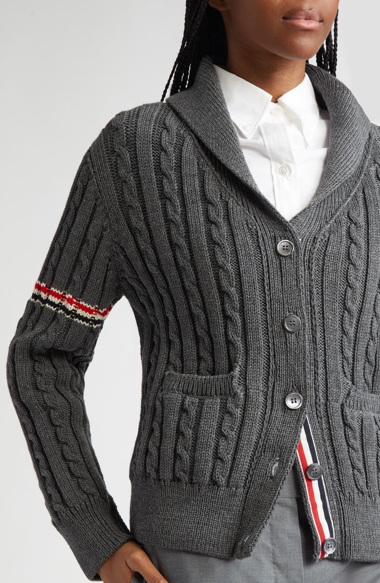 Thom Browne Shawl Collar Cable Knit Virgin Wool Cardigan, Alternate, color, Medium Grey