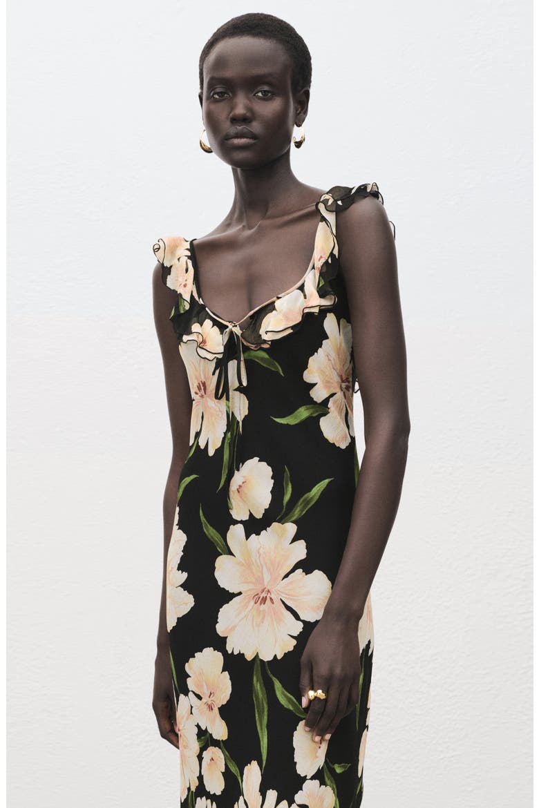 Floral Print Ruffle Dress, Alternate, color, BLACK