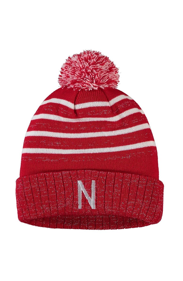 TOP OF THE WORLD Women's Top of the World Scarlet Nebraska Huskers Shimmering Cuffed Knit Hat with Pom, Main, color, 