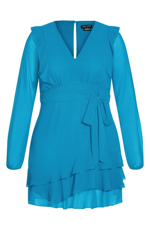 City Chic Ruffle Long Sleeve Dress In Blue