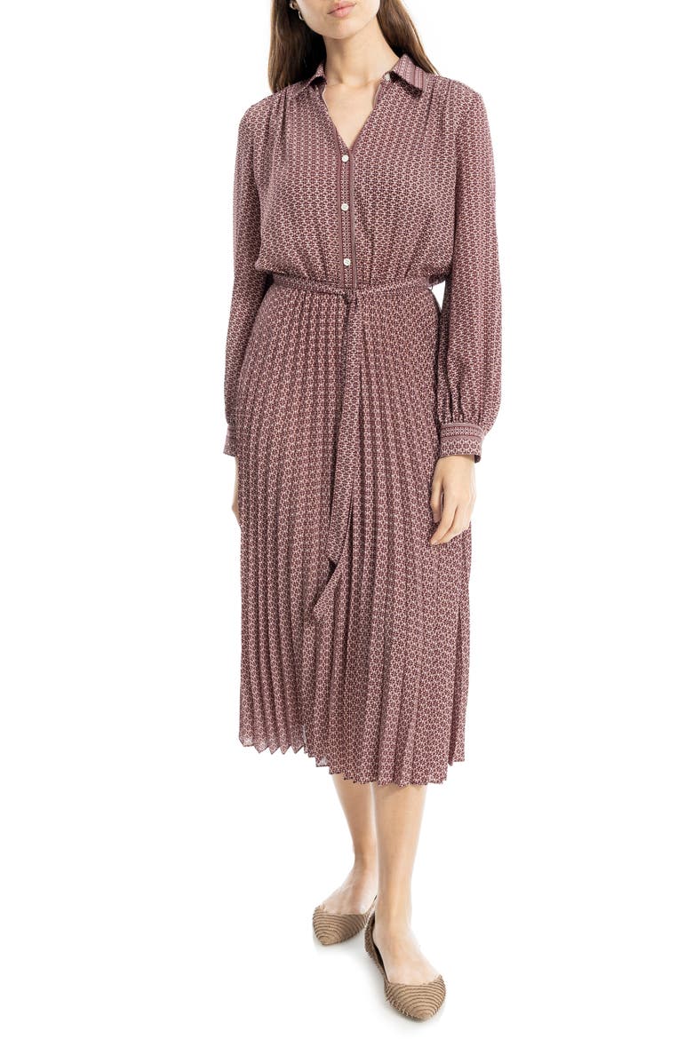 Long Sleeve Pleated Shirtdress, Main, color, VINTAGE WINE OPTICAL GRID