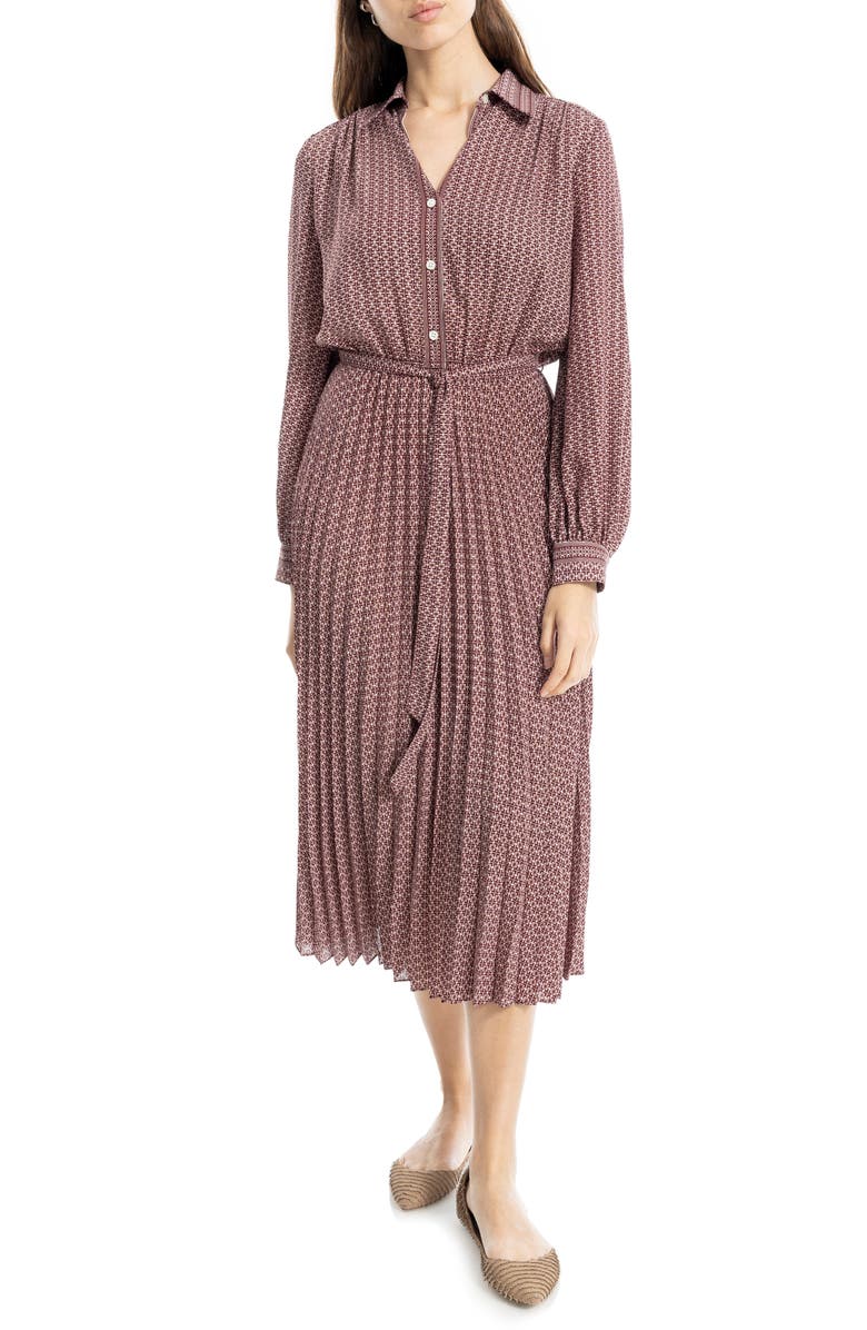 MAX STUDIO Long Sleeve Pleated Shirtdress, Main, color, Vintage Wine Optical Grid