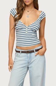 EDIKTED Aina Stripe V-Neck Henley Top