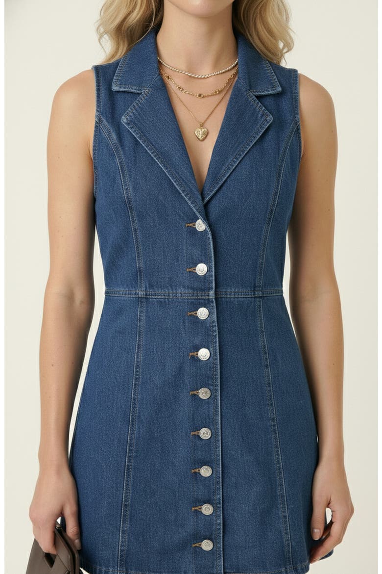Sleeveless Button Front Denim Mini Dress, Alternate, color, Denim Blue