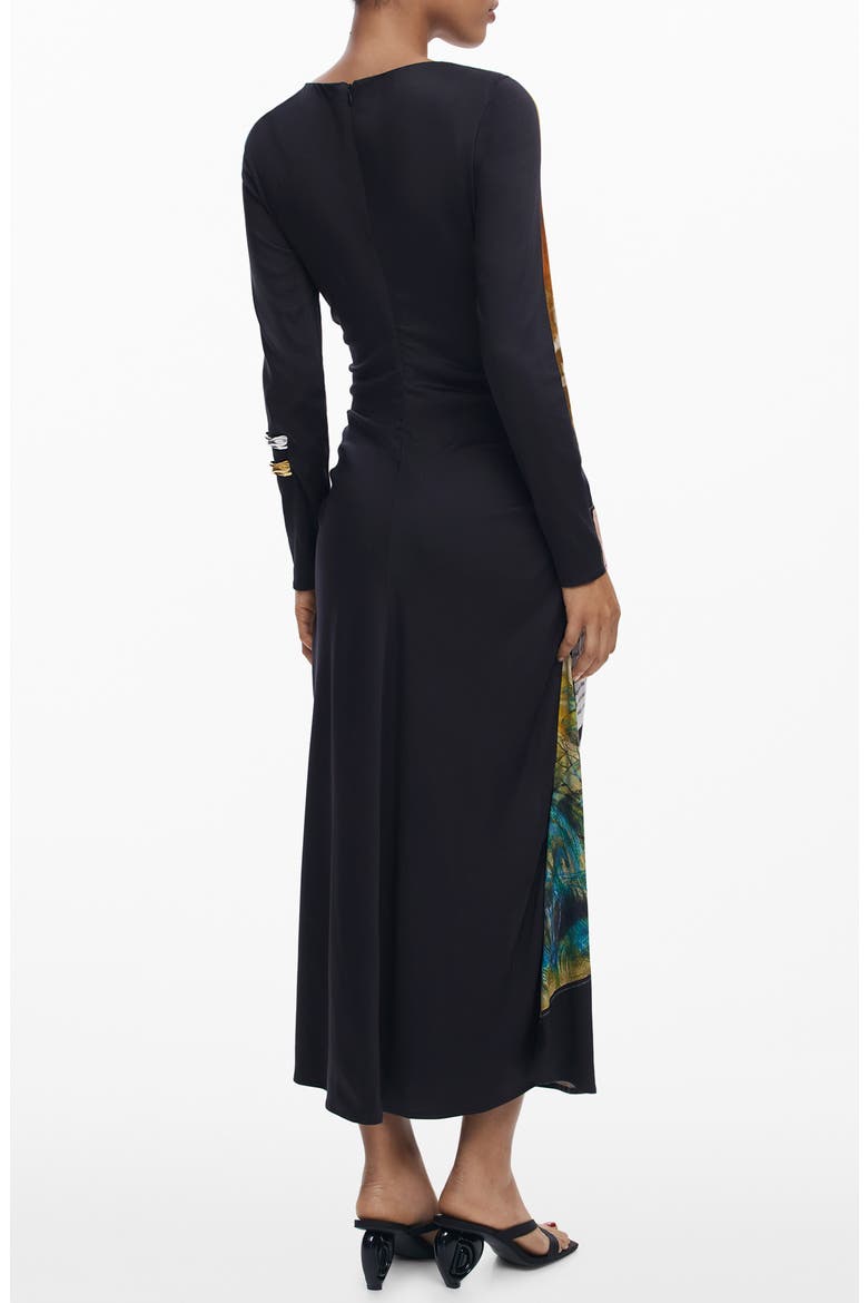 Mix Print Long Sleeve Midi Dress, Alternate, color, BLACK
