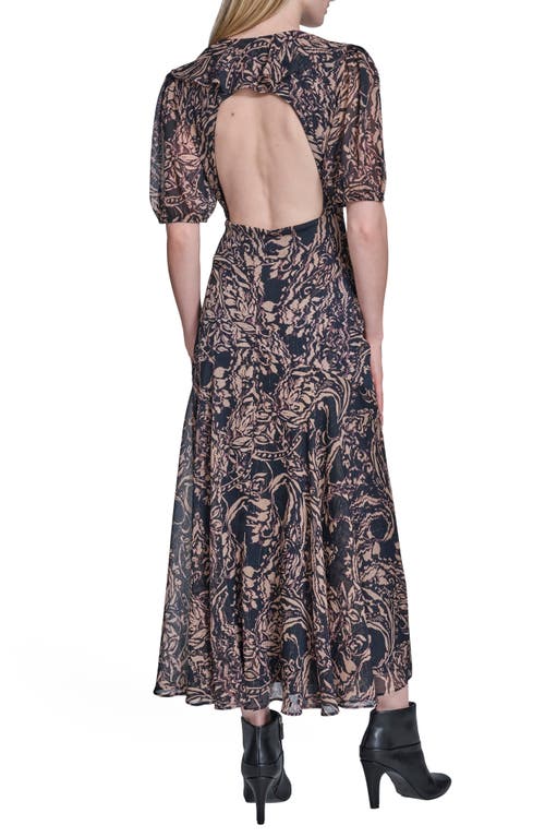 Bcbg Abstract Floral Metallic Thread Open Back Dress In Black