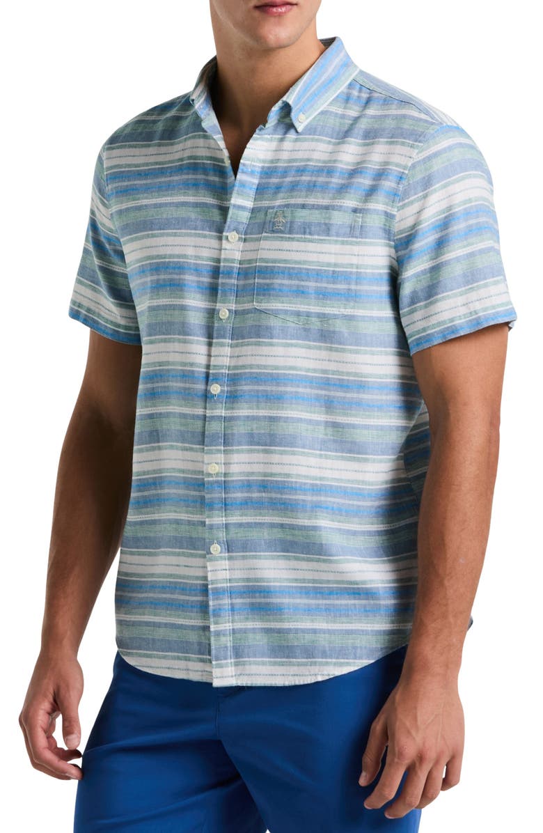 Original Penguin Stripe Linen & Cotton Short Sleeve Button-Down Shirt, Main, color,