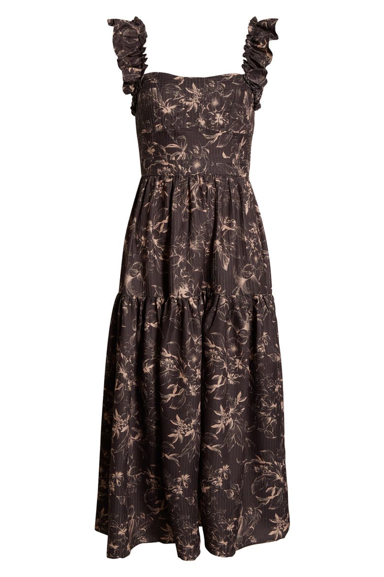 Print Flutter Strap Midi Dress, Alternate, color, BROWN
