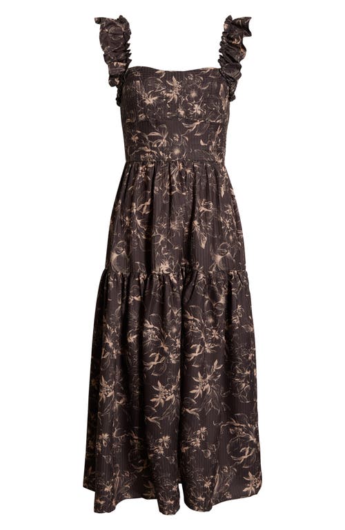 Moon River Print Flutter Strap Midi Dress In Brown