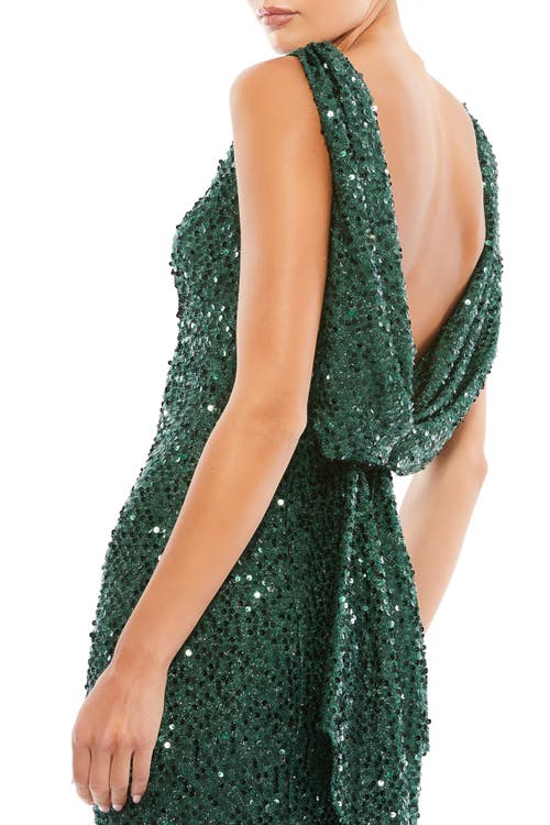Mac Duggal Cowl Back Boat Neck Sequined Evening Gown In Emerald