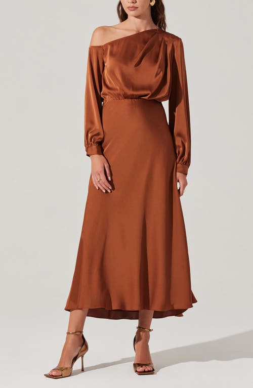 Astr The Label Elwood One-shoulder Long Sleeve Satin Cocktail Dress In Brown