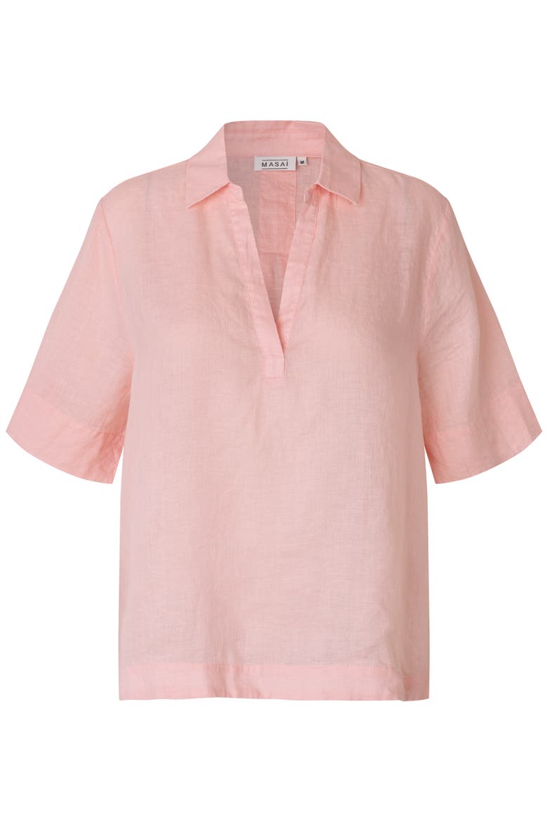 Mabrevia Relaxed Linen Collared Shirt, Alternate, color, Strawberry Cm