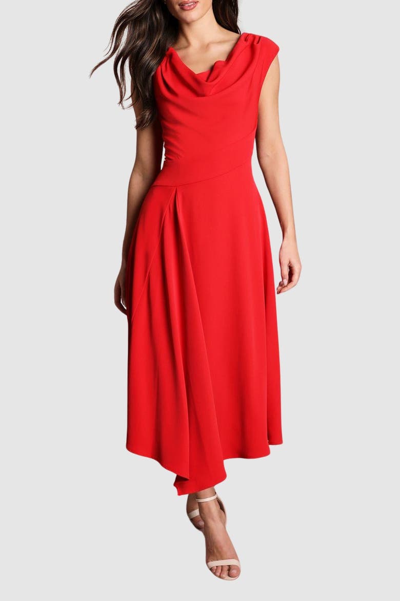 Off Shoulder Crepe Midi Dress, Alternate, color, Flame Red