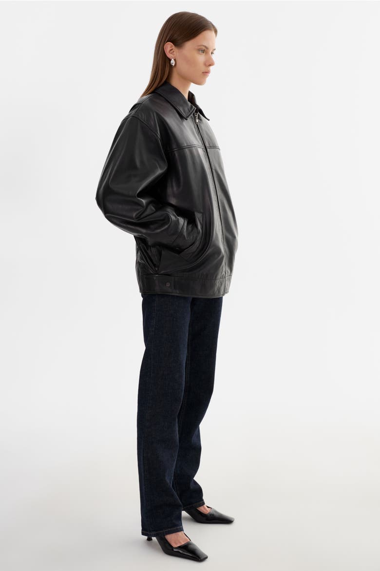 THEIA | Leather Bomber Jacket, Alternate, color, Black