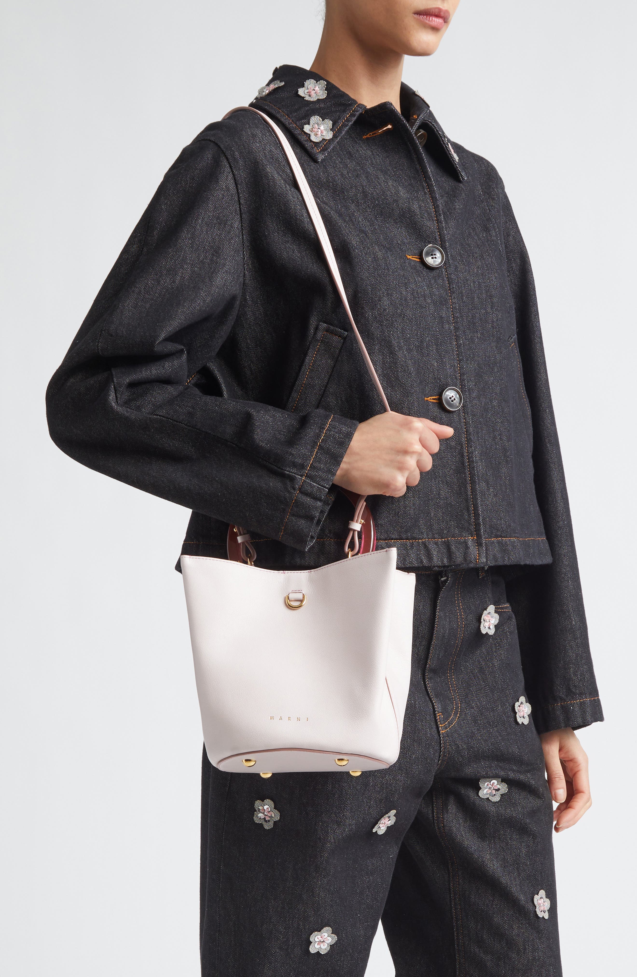 Marni Pannier Top Handle Leather Bucket Bag, Alternate, color, 00C01 Swan