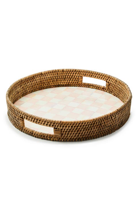 Rosy Check Enameled Steel & Rattan Round Tray