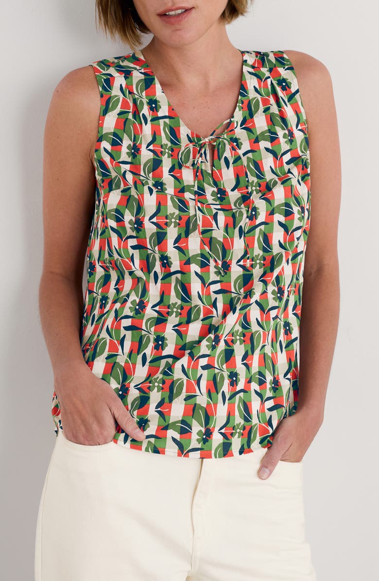 Seasalt Cornwall Cobbs Well Floral Sleeveless Organic Cotton Split Neck Top, Main, color, Table Flowers Dark Citron