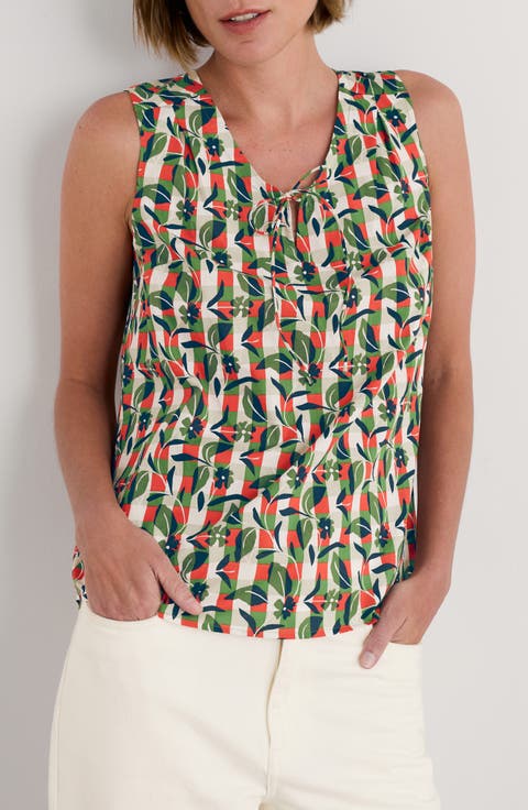 Cobbs Well Floral Sleeveless Organic Cotton Split Neck Top