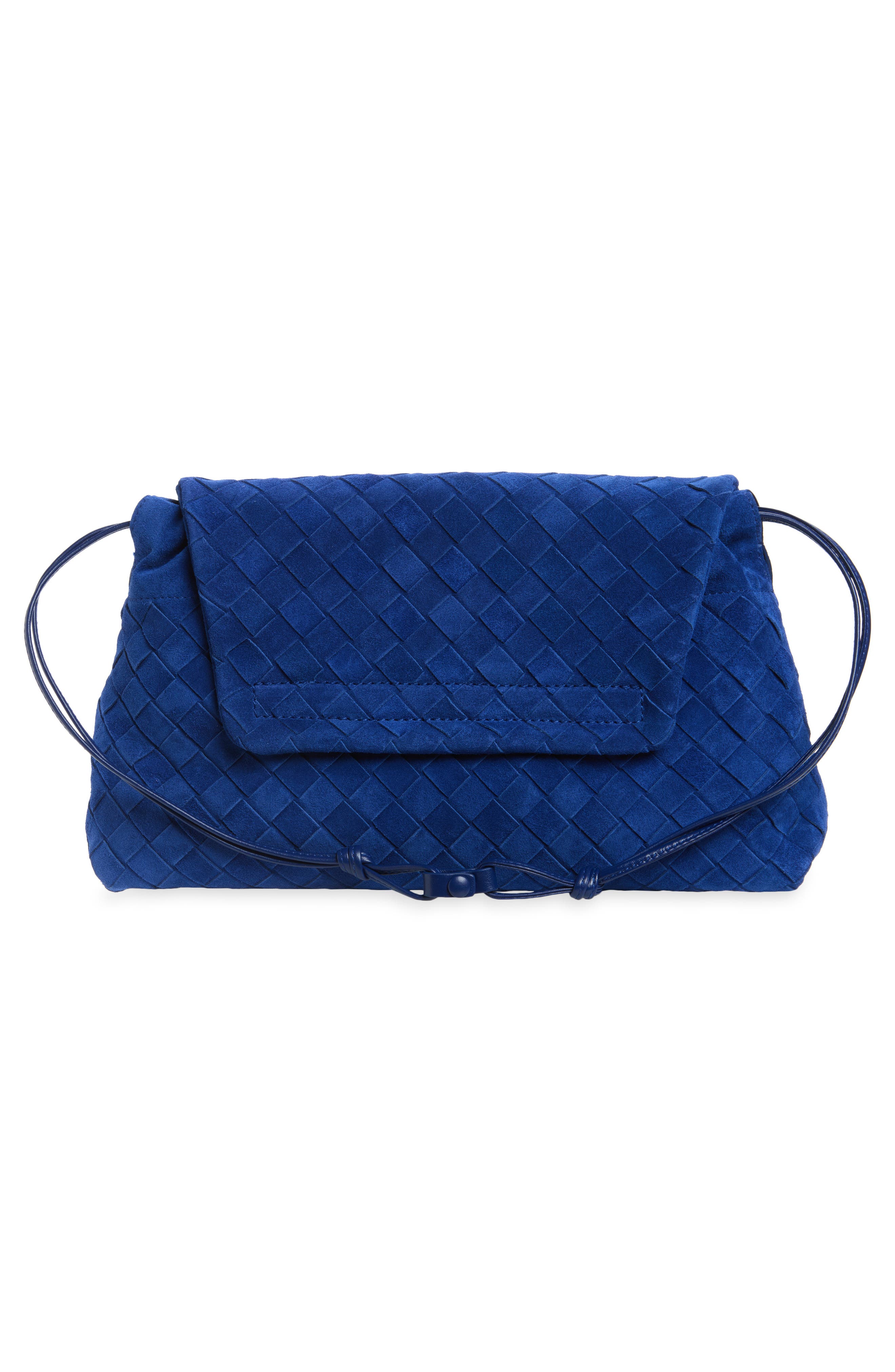 Giorno Intrecciato Suede Shoulder Bag, Alternate, color, 4297 BLUE ROYAL/ GOLD