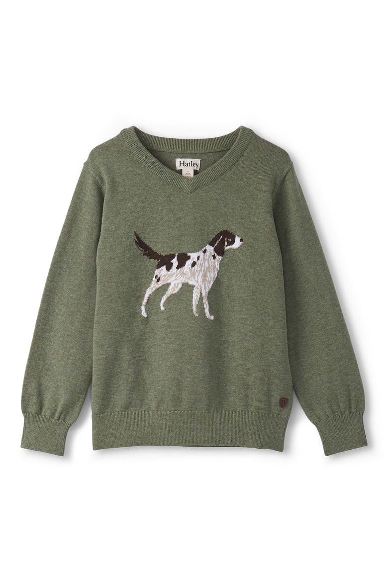 Kids' Intarsia Hunting Dog Cotton Crewneck Sweater, Main, color, GREEN